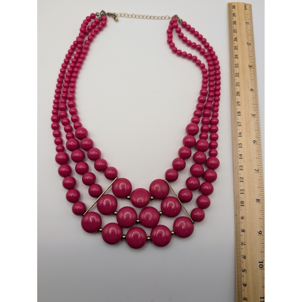 Vintage‎ Pink Beaded Necklace 3 Strand Statement Costume Jewelry Adjustable